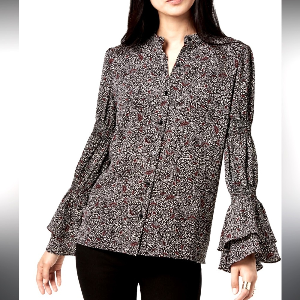 MICHAEL Michael Kors Womens Boho Printed Bell Sleeves Button-Down Top medium